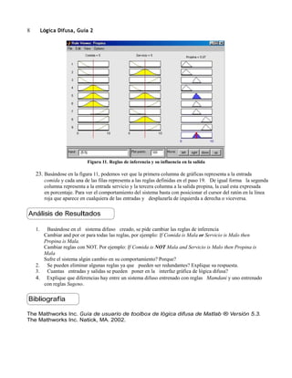 Lógica Difusa, Guía 2

8

Figura 11. Reglas de inferencia y su influencia en la salida

23. Basándose en la figura 11, podemos ver que la primera columna de gráficas representa a la entrada
comida y cada una de las filas representa a las reglas definidas en el paso 19. De igual forma la segunda
columna representa a la entrada servicio y la tercera columna a la salida propina, la cual esta expresada
en porcentaje. Para ver el comportamiento del sistema basta con posicionar el cursor del ratón en la línea
roja que aparece en cualquiera de las entradas y desplazarla de izquierda a derecha o viceversa.

Análisis de Resultados
1.

Basándose en el sistema difuso creado, se pide cambiar las reglas de inferencia
Cambiar and por or para todas las reglas, por ejemplo: If Comida is Mala or Servicio is Malo then
Propina is Mala.
Cambiar reglas con NOT. Por ejemplo: If Comida is NOT Mala and Servicio is Malo then Propina is
Mala
Sufre el sistema algún cambio en su comportamiento? Porque?
2. Se pueden eliminar algunas reglas ya que pueden ser redundantes? Explique su respuesta.
3. Cuantas entradas y salidas se pueden poner en la interfaz gráfica de lógica difusa?
4. Explique que diferencias hay entre un sistema difuso entrenado con reglas Mamdani y uno entrenado
con reglas Sugeno.

Bibliografía
The Mathworks Inc. Guía de usuario de toolbox de lógica difusa de Matlab ® Versión 5.3.
The Mathworks Inc. Natick, MA. 2002.

 