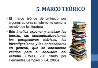 5. MARCO TEÓRICO
• El marco teórico denominado por
algunos autores simplemente como la
revisión de la literatura
• Ello implica exponer y analizar las
teorías, las conceptualizaciones,
las perspectivas teóricas, las
investigaciones y los antecedentes
en general, que se consideran
validos para el encuadre del
estudio. (Rojas, 200 citado por
Hernández Sampieri p. 64, 2006).
 