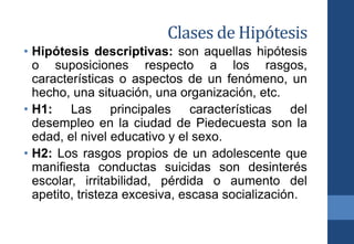 Clases de Hipótesis
• Hipótesis descriptivas: son aquellas hipótesis
o suposiciones respecto a los rasgos,
características o aspectos de un fenómeno, un
hecho, una situación, una organización, etc.
• H1: Las principales características del
desempleo en la ciudad de Piedecuesta son la
edad, el nivel educativo y el sexo.
• H2: Los rasgos propios de un adolescente que
manifiesta conductas suicidas son desinterés
escolar, irritabilidad, pérdida o aumento del
apetito, tristeza excesiva, escasa socialización.
 
