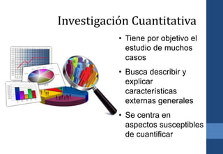Investigación Cuantitativa
• Tiene por objetivo el
estudio de muchos
casos
• Busca describir y
explicar
características
externas generales
• Se centra en
aspectos susceptibles
de cuantificar
 