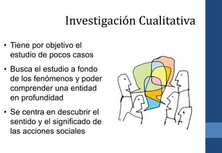 7
• Tiene por objetivo el
estudio de pocos casos
• Busca el estudio a fondo
de los fenómenos y poder
comprender una entidad
en profundidad
• Se centra en descubrir el
sentido y el significado de
las acciones sociales
Investigación Cualitativa
 