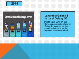 La familia Galaxy S
lanza el Galaxy S5
Desde aquel 2010 en que
Samsung anunciaba el primer
Galaxy S, pasando por los
modelos de toda la familia,
llegamos al estreno del S5.
2014
 