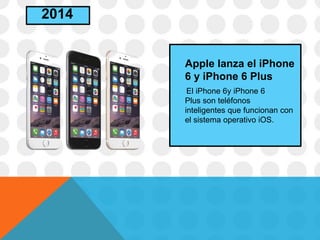 Apple lanza el iPhone
6 y iPhone 6 Plus
El iPhone 6y iPhone 6
Plus son teléfonos
inteligentes que funcionan con
el sistema operativo iOS.
2014
 