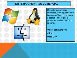 SISTEMA OPERATIVO COMERCIAL
Un sistema operativo
comercial, son aquellos que
las compañías lo producen
y cobran dinero por el
producto, su distribución o
soporte.
•Microsoft Windows
•Linux
•Mac OSX
 
