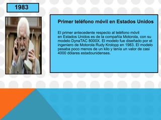 Primer teléfono móvil en Estados Unidos
El primer antecedente respecto al teléfono móvil
en Estados Unidos es de la compañía Motorola, con su
modelo DynaTAC 8000X. El modelo fue diseñado por el
ingeniero de Motorola Rudy Krolopp en 1983. El modelo
pesaba poco menos de un kilo y tenía un valor de casi
4000 dólares estadounidenses.
1983
 