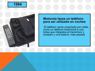 Motorola lanza un teléfono
para ser utilizado en coches
El teléfono venía conectado por cable,
como un teléfono tradicional a una
bolsa que integraba el transmisor y
receptor y una batería, más pesada
1994
 