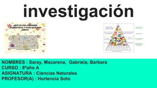 investigación
NOMBRES : Saray, Macarena, Gabriela, Barbara
CURSO : 8ºaño A
ASIGNATURA : Ciencias Naturales
PROFESOR(A) : Hortencia Soto
 
