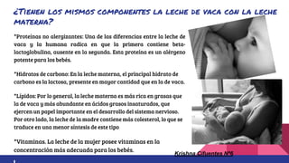 ¿Tienen los mismos componentes la leche de vaca con la leche
materna?
*Proteínas no alergizantes: Una de las diferencias entre la leche de
vaca y la humana radica en que la primera contiene beta-
lactoglobulina, ausente en la segunda. Esta proteína es un alérgeno
potente para los bebés.
*Hidratos de carbono: En la leche materna, el principal hidrato de
carbono es la lactosa, presente en mayor cantidad que en la de vaca.
*Lípidos: Por lo general, la leche materna es más rica en grasas que
la de vaca y más abundante en ácidos grasos insaturados, que
ejercen un papel importante en el desarrollo del sistema nervioso.
Por otro lado, la leche de la madre contiene más colesterol, lo que se
traduce en una menor síntesis de este tipo
*Vitaminas. La leche de la mujer posee vitaminas en la
concentración más adecuada para los bebés.
Krishna Cifuentes Nª6
 