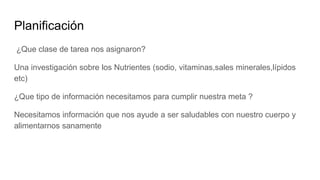 Planificación
¿Que clase de tarea nos asignaron?
Una investigación sobre los Nutrientes (sodio, vitaminas,sales minerales,lípidos
etc)
¿Que tipo de información necesitamos para cumplir nuestra meta ?
Necesitamos información que nos ayude a ser saludables con nuestro cuerpo y
alimentarnos sanamente
 
