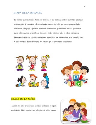 7
ETAPA DE LA INFANCIA
La infancia que se extiende hasta este periodo, es una etapa de cambios increíbles en el que
se desarrollan la capacidad y la coordinación motora del niño, así como sus capacidades
sensoriales y lenguaje, aprenden a expresar sentimientos y emociones básicas y desarrolla
cierta independencia y sentido de sí mismo. En los primeros años el infante se interesa
fundamentalmente en ejercitar sus órganos sensoriales, sus movimientos y su lenguaje, para
lo cual manipula incansablemente los objetos que se encuentran a su alcance.
ETAPA DE LA NIÑEZ
Durante los años preescolares los niños continúan su rápido
crecimiento físico, cognoscitivo y lingüístico, ahora pueden
 