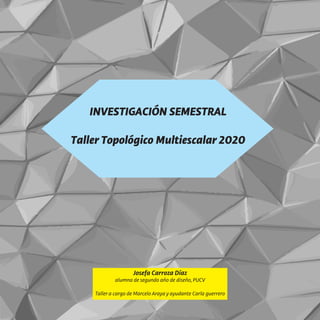 Josefa Carroza Díaz
alumna de segundo año de diseño, PUCV
Taller a cargo de Marcelo Araya y ayudante Carla guerrero
INVESTIGACIÓN SEMESTRAL
Taller Topológico Multiescalar 2020
 