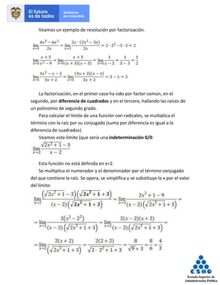 Veamos un ejemplo de resolución por factorización.
La factorización, en el primer caso ha sido por factor común, en el
segundo, por diferencia de cuadrados y en el tercero, hallando las raíces de
un polinomio de segundo grado.
Para calcular el límite de una función con radicales, se multiplica el
término con la raíz por su conjugado (suma por diferencia es igual a la
diferencia de cuadrados).
Veamos este límite (que sería una indeterminación 0/0:
Esta función no está definida en x=2.
Se multiplica el numerador y el denominador por el término conjugado
del que contiene la raíz. Se opera, se simplifica y se substituye la x por el valor
del límite:
 