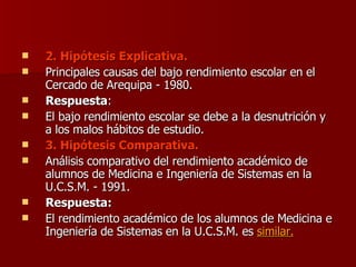 2. Hipótesis Explicativa. Principales causas del bajo rendimiento escolar en el Cercado de Arequipa - 1980. Respuesta : El bajo rendimiento escolar se debe a la desnutrición y a los malos hábitos de estudio. 3. Hipótesis Comparativa. Análisis comparativo del rendimiento académico de alumnos de Medicina e Ingeniería de Sistemas en la U.C.S.M. - 1991. Respuesta:  El rendimiento académico de los alumnos de Medicina e Ingeniería de Sistemas en la U.C.S.M. es  similar. 