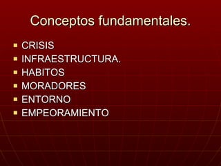 Conceptos fundamentales. CRISIS INFRAESTRUCTURA. HABITOS MORADORES ENTORNO EMPEORAMIENTO 