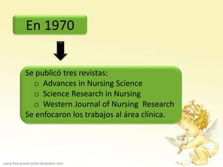 En 1970


Se publicó tres revistas:
  o Advances in Nursing Science
  o Science Research in Nursing
  o Western Journal of Nursing Research
Se enfocaron los trabajos al área clínica.
 