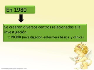 En 1980

Se crearon diversos centros relacionados a la
investigación.
  o NCNR (investigación enfermera básica y clínica)
 