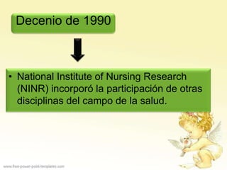 Decenio de 1990



• National Institute of Nursing Research
  (NINR) incorporó la participación de otras
  disciplinas del campo de la salud.
 