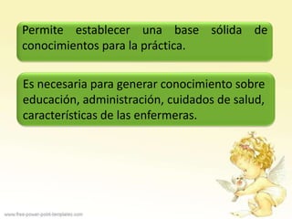 Permite establecer una base sólida de
conocimientos para la práctica.

Es necesaria para generar conocimiento sobre
educación, administración, cuidados de salud,
características de las enfermeras.
 