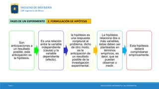 Son
anticipaciones a
un resultado
posible, esta
anticipación es
la hipótesis.
Es una relación
entre la variable
independiente
(causa) y la
variable
dependiente
(efecto).
la hipótesis es
una respuesta
conjetural al
problema, dicho
de otro modo,
es la
anticipación de
un resultado
posible de la
investigación
experimental.
La hipótesis
relaciona dos o
más variables,
éstas deben ser
planteadas en
términos
empíricos, es
decir, que se
puedan
observar o
medir.
Esta hipótesis
deberá
comprobarse
empíricamente.
2. FORMULACIÓN DE HIPÓTESISFASES DE UN EXPERIMENTO
TESIS I INVESTIGACIÓN EXPERIMENTAL Y NO EXPERIMENTAL
FACULTAD DE INGENIERÍA
EAP. Ingeniería de Minas
 