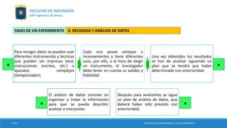 Para recoger datos se pueden usar
diferentes instrumentos y técnicas
que pueden ser impresas (test,
instrucciones escritas, etc.) o
aparatos complejos
(temporizador).
Cada uno posee ventajas e
inconvenientes y tiene diferentes
usos, por ello, a la hora de elegir
un instrumento, el investigador
debe tener en cuenta su validez y
fiabilidad.
Una vez obtenidos los resultados
se han de analizar siguiendo un
plan que se tendrá que haber
determinado con anterioridad.
El análisis de datos consiste en
organizar y tratar la información
para que se pueda describir,
analizar e interpretar.
Después para analizarlos se sigue
un plan de análisis de datos, que
deberá haber sido previsto con
anterioridad.
4. RECOGIDA Y ANÁLISIS DE DATOSFASES DE UN EXPERIMENTO
. .
..
TESIS I INVESTIGACIÓN EXPERIMENTAL Y NO EXPERIMENTAL
FACULTAD DE INGENIERÍA
EAP. Ingeniería de Minas
 