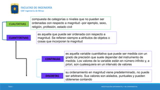 TESIS I INVESTIGACIÓN EXPERIMENTAL Y NO EXPERIMENTAL
FACULTAD DE INGENIERÍA
EAP. Ingeniería de Minas
CUALITATIVAS
compuesta de categorías o niveles que no pueden ser
ordenadas con respecto a magnitud –por ejemplo, sexo,
religión, profesión, estado civil
CUANTITATIVAS
es aquella que puede ser ordenada con respecto a
magnitud. Se refieren siempre a atributos de objetos o
cosas que incorporan la magnitud
CONTINUAS
DISCRETAS
es aquella variable cuantitativa que puede ser medida con un
grado de precisión que suele depender del instrumento de
medida. Los valores de la variable están en número infinito y, a
priori, son cualesquiera en un intervalo de valores
su ordenamiento en magnitud viene predeterminado, no puede
ser arbitrario. Sus valores son aislados, puntuales y pueden
obtenerse contando
 