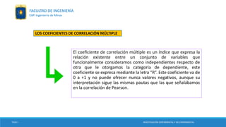 LOS COEFICIENTES DE CORRELACIÓN MÚLTIPLE
El coeficiente de correlación múltiple es un índice que expresa la
relación existente entre un conjunto de variables que
funcionalmente consideramos como independientes respecto de
otra que le otorgamos la categoría de dependiente, este
coeficiente se expresa mediante la letra “R”. Este coeficiente va de
0 a +1 y no puede ofrecer nunca valores negativos, aunque su
interpretación sigue las mismas pautas que las que señalábamos
en la correlación de Pearson.
TESIS I INVESTIGACIÓN EXPERIMENTAL Y NO EXPERIMENTAL
FACULTAD DE INGENIERÍA
EAP. Ingeniería de Minas
 