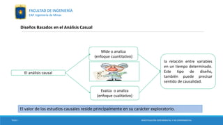 Diseños Basados en el Análisis Casual
Mide o analiza
(enfoque cuantitativo)
El análisis causal
Evalúa o analiza
(enfoque cualitativo)
la relación entre variables
en un tiempo determinado.
Este tipo de diseño,
también puede precisar
sentido de causalidad.
El valor de los estudios causales reside principalmente en su carácter exploratorio.
TESIS I INVESTIGACIÓN EXPERIMENTAL Y NO EXPERIMENTAL
FACULTAD DE INGENIERÍA
EAP. Ingeniería de Minas
 