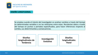 Se emplea cuando el interés del investigador es analizar cambios a través del tiempo
en determinadas variables o en las relaciones entre estas. Recolectan datos a través
del tiempo en puntos o períodos especificados, para hacer inferencias respecto al
cambio, sus determinantes y consecuencias.
DISEÑO LONGITUDINAL
Diseños
longitudinales de
Tendencia
Investigación
Evolutiva
Diseños
longitudinales
Panel
TESIS I INVESTIGACIÓN EXPERIMENTAL Y NO EXPERIMENTAL
FACULTAD DE INGENIERÍA
EAP. Ingeniería de Minas
 