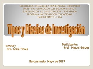 UNIVERSIDAD PEDAGOGICA EXPERIMENTAL LIBERTADOR
INSTITUTO PEDAGOGICO LUIS BELTRAN PIETRO F.
SUBDIRECCION DE INVESTIGACION Y POSTGRADO
PROGRAMA INVESTIGACION EDUCACIONAL
BARQUISIMETO - LARA
Participante:
Prof. Miguel Gerdez
Tutor(a):
Dra. Adilia Flores
Barquisimeto, Mayo de 2017
 