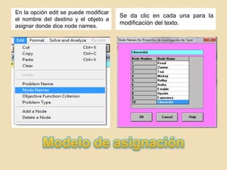 En la opción edit se puede modificar
                                       Se da clic en cada una para la
el nombre del destino y el objeto a
                                       modificación del texto.
asignar donde dice node names.
 