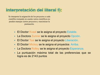Se interpreta la asignación de los proyectos a cada
científico tomando en cuenta varios científicos no
pueden manejar ciertos proyectos y maximizar la
                     puntuación.


         El Doctor Kvaal se le asigna el proyecto Estable.
         La Doctora Zunner se le asigna el proyecto Opción.
         El Doctor Tsai se le asigna el proyecto Liberación.
         El Doctor Mickey se le asigna el proyectos Arriba.
         La Doctora Rolley se le asigna el proyecto Esperanza.
         La puntuación máxima total de las preferencias que se
          logra es de 2143 puntos
 