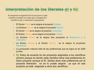 Se interpreta la asignación de los proyectos a cada
 científico tomando en cuenta que se integran dos
    científicos mas y maximizar la puntuación.

         El Doctor Kvaal se le asigna el proyecto Estable.
         La Doctora Zunner se le asigna el proyecto Opción.
         El Doctor Tsai se le asigna el proyecto Liberación.
         El Doctor Mickey se le asigna el proyectos Arriba.
         La Doctora Rolley se le asigna dos proyectos el Esperanza y el
          Liberación.
         La Doctor Arriaga y al Doctor Santos          se le asigna el proyectos
          Esperanza.
         La puntuación máxima total de las preferencias que se logra es de 3226
          puntos
              Estoy de acuerdo en los proyectos asignados a los científicos
          primero porque es donde cada científico tiene mas preferencia en
          dicho proyecto aunque el Dr. Santos tiene mas preferencia por el
          proyecto liberación no se lo puede asignar ya que en ese
          proyecto ya está asignada a otros dos científicos.
 