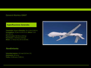 Rendimiento Especificaciones Generales Tripulación:  Ninguno  Duración:  16 a 5 pies (5,00 m) Envergadura:  35 pies 4 a (10,75 m)  Altura:  1 a 8 pies (0,5 m) Peso en vacío:  560 libras (250 kg)  Peso bruto:  1.140 libras (520 kg)  Motor:  1 × Rotax 912, 85 CV (64 kW)  Velocidad máxima:  132 mph (212 km / h)  Autonomía:  48 horas  Techo:  25.000 pies (7.600 m)  General Atomics GNAT 