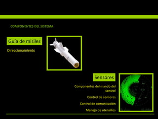 COMPONENTES DEL SISTEMA Guía de misiles Direccionamiento Componentes del mando del control Control de sensores Control de comunicación Manejo de utensilios Sensores 