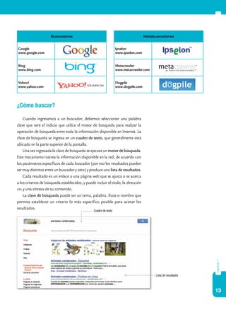 13
capítulo1
¿Cómo buscar?
Cuando ingresamos a un buscador, debemos seleccionar una palabra
clave que será el indicio que utilice el motor de búsqueda para realizar la
operación de búsqueda entre toda la información disponible en Internet. La
clave de búsqueda se ingresa en un cuadro de texto, que generalmente está
ubicado en la parte superior de la pantalla.
Una vez ingresada la clave de búsqueda se ejecuta un motor de búsqueda.
Este mecanismo rastrea la información disponible en la red, de acuerdo con
los parámetros específicos de cada buscador (por eso los resultados pueden
ser muy distintos entre un buscador y otro) y produce una lista de resultados.
Cada resultado es un enlace a una página web que se ajusta o se acerca
a los criterios de búsqueda establecidos, y puede incluir el título, la dirección
url y una síntesis de su contenido.
La clave de búsqueda puede ser un tema, palabra, frase o nombre que
permita establecer un criterio lo más específico posible para acotar los
resultados.
Buscadores
Google
www.google.com
Bing
www.bing.com
Yahoo!
www.yahoo.com
Metabuscadores
Ipselon
www.ipselon.com
Metacrawler
www.metacrawler.com
Dogpile
www.dogpile.com
Cuadro de texto
Lista de resultados
 