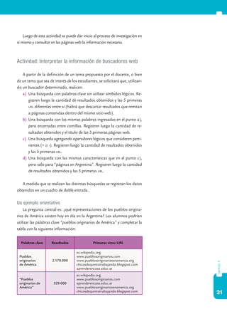 31
capítulo4
Luego de esta actividad se puede dar inicio al proceso de investigación en
sí mismo y consultar en las páginas web la información necesaria.
Actividad: Interpretar la información de buscadores web
A partir de la definición de un tema propuesto por el docente, o bien
de un tema que sea de interés de los estudiantes, se solicitará que, utilizan-
do un buscador determinado, realicen:
a)	 Una búsqueda con palabras clave sin utilizar símbolos lógicos. Re-
gistren luego la cantidad de resultados obtenidos y las 5 primeras
url diferentes entre sí (habrá que descartar resultados que remitan
a páginas contenidas dentro del mismo sitio web).
b)	 Una búsqueda con las mismas palabras ingresadas en el punto a),
pero encerradas entre comillas. Registren luego la cantidad de re-
sultados obtenidos y el título de las 3 primeras páginas web.
c)	 Una búsqueda agregando operadores lógicos que consideren perti-
nentes (+ o -). Registren luego la cantidad de resultados obtenidos
y las 5 primeras url.
d)	 Una búsqueda con las mismas características que en el punto c),
pero sólo para “páginas en Argentina”. Registren luego la cantidad
de resultados obtenidos y las 5 primeras url.
A medida que se realizan las distintas búsquedas se registran los datos
obtenidos en un cuadro de doble entrada.
Un ejemplo orientativo
La pregunta central es: ¿qué representaciones de los pueblos origina-
rios de América existen hoy en día en la Argentina? Los alumnos podrían
utilizar las palabras clave “pueblos originarios de América” y completar la
tabla con la siguiente información:
Palabras clave Resultados Primeras cinco URL
Pueblos
originarios
de América
2.170.000
es.wikipedia.org
www.pueblosoriginarios.com
www.pueblosoriginariosenamerica.org
chicosdequintotrabajando.blogspot.com
aprenderencasa.educ.ar
“Pueblos
originarios de
América”
529.000
es.wikipedia.org
www.pueblosoriginarios.com
aprenderencasa.educ.ar
www.pueblosoriginariosenamerica.org
chicosdequintotrabajando.blogspot.com
 