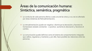 Áreas de la comunicación humana:
Sintáctica, semántica, pragmática
 La conducta de cada persona afecta a cada una de las otras y a su vez es afectada
por éstas (Sistemas de Retroalimentación).
 La retroalimentación puede ser negativa- disminuye la desviación y favorece la
homeostasis (estado constante) - o positiva- aumenta la desviación y favorece el
cambio.
 La comunicación puede definirse como el sistema de comportamiento integrado
que calibra, regulariza y mantiene y, por ello, hace posibles las relaciones entre las
personas.
 