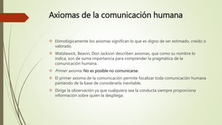 Axiomas de la comunicación humana
 Etimológicamente los axiomas significan lo que es digno de ser estimado, creído o
valorado.
 Watzlawick, Beavin, Don Jackson describen axiomas, que como su nombre lo
indica, son de suma importancia para comprender la pragmática de la
comunicación humana.
 Primer axioma: No es posible no comunicarse.
 El primer axioma de la comunicación permite focalizar toda comunicación humana
partiendo de la base de considerarla inevitable.
 Dirige la observación ya que cualquiera sea la conducta siempre proporciona
información sobre quien la despliega.
 
