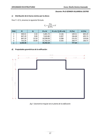 DIPLOMADO EN ESTRUCTURAS Curso: Diseño Sísmico Avanzado
Docente: Ph.D GENNER VILLARREAL CASTRO
17
c) Distribución de la fuerza sísmica por la altura:
Para T ˂ 0.7s, tenemos la siguiente fórmula:
∑
PISO Pi hi Pi x hi Pi x hi / ∑ (Pi x hi) Fi (Tn) Vi (Tn)
1 909.41 5.50 5,001.74 0.136 109.51 805.24
2 847.20 9.00 7,624.80 0.207 166.68 695.73
3 847.20 12.50 10,590.00 0.288 231.91 529.04
4 732.26 16.00 11,716.10 0.335 260.77 260.77
∑ 3,336.06 34,932.64 777.64
d) Propiedades geométricas de la edificación:
fig.7. Geometría irregular de en planta de la edificación
 