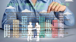 ¿QUÉ ES UN ORGANIGRAMA Y CUAL ES SU
FUNCION?
son diagramas que representan gráficamente y de manera
simplificada la estructura formal que posee una organización.
De esta forma, los organigramas muestran las principales
funciones dentro de la organización y las relaciones que existen
entre ellas. Son muy utilizados ya que resultan sencillos y
rápidos de comprender.
• Los organigramas cumplen dos funciones importantes:
• . Por un lado, permiten analizar la estructura para detectar
fallasos organigramas y cumplen una función como medio de
comunicación dentro de la organización
 