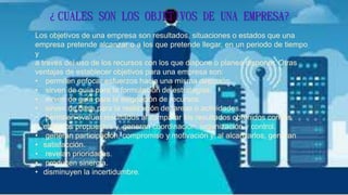 ¿ CUALES SON LOS OBJETIVOS DE UNA EMPRESA?
Los objetivos de una empresa son resultados, situaciones o estados que una
empresa pretende alcanzar o a los que pretende llegar, en un periodo de tiempo
y
a través del uso de los recursos con los que dispone o planea disponer. Otras
ventajas de establecer objetivos para una empresa son:
• permiten enfocar esfuerzos hacia una misma dirección.
• sirven de guía para la formulación de estrategias.
• sirven de guía para la asignación de recursos.
• sirven de base para la realización de tareas o actividades.
• permiten evaluar resultados al comparar los resultados obtenidos con los
• objetivos propuestos y, generan coordinación, organización y control.
• generan participación, compromiso y motivación y, al alcanzarlos, generan
• satisfacción.
• revelan prioridades.
• producen sinergia.
• disminuyen la incertidumbre.
 
