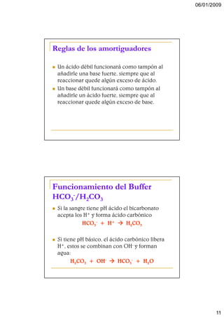 06/01/2009




Reglas de los amortiguadores

 Un ácido débil funcionará como tampón al
 añadirle una base fuerte, siempre que al
 reaccionar quede algún exceso de ácido.
 Un base débil funcionará como tampón al
 añadirle un ácido fuerte, siempre que al
 reaccionar quede algún exceso de base.




Funcionamiento del Buffer
HCO3-/H2CO3
 Si la sangre tiene pH ácido el bicarbonato
 acepta los H+ y forma ácido carbónico
            HCO3- + H+        H2CO3

 Si tiene pH básico, el ácido carbónico libera
 H+, estos se combinan con OH- y forman
 agua:
       H2CO3 + OH-         HCO3- + H2O




                                                        11
 