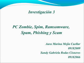 Aura Marina Mejía Cuellar 09182009 Sandy Gabriela Rodas Cisneros 09182066 Investigación 3 PC Zombie, Spim, Ramsomware,  Spam, Phishing y Scam 