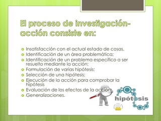  Insatisfacción con el actual estado de cosas.
 Identificación de un área problemática;
 Identificación de un problema específico a ser
resuelto mediante la acción;
 Formulación de varias hipótesis;
 Selección de una hipótesis;
 Ejecución de la acción para comprobar la
hipótesis
 Evaluación de los efectos de la acción
 Generalizaciones.
 