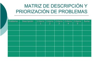 MATRIZ DE DESCRIPCIÓN Y
      PRIORIZACIÓN DE PROBLEMAS
Problema   Descripción   Criterio   Criterio   Criterio   Criterio   Criterio   Suma
                            1          2          3          4          5
 