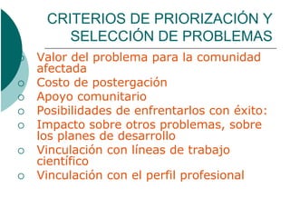 CRITERIOS DE PRIORIZACIÓN Y
        SELECCIÓN DE PROBLEMAS
   Valor del problema para la comunidad
    afectada
   Costo de postergación
   Apoyo comunitario
   Posibilidades de enfrentarlos con éxito:
   Impacto sobre otros problemas, sobre
    los planes de desarrollo
   Vinculación con líneas de trabajo
    científico
   Vinculación con el perfil profesional
 