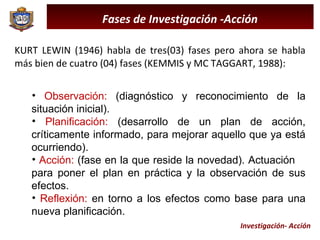 KURT LEWIN (1946) habla de tres(03) fases pero ahora se habla más bien de cuatro (04) fases (KEMMIS y MC TAGGART, 1988): Fases de Investigación -Acción Observación:  (diagnóstico y reconocimiento de la situación inicial). Planificación:  (desarrollo de un plan de acción, críticamente informado, para mejorar aquello que ya está ocurriendo).  Acción:  (fase en la que reside la novedad). Actuación  para poner el plan en práctica y la observación de sus efectos.   Reflexión:  en torno a los efectos como base para una nueva planificación. Investigación- Acción 