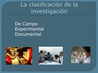 La clasificación de la investigaciónDe CampoExperimentalDocumental