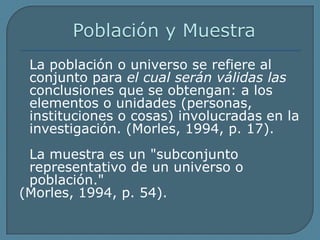  Población y Muestra	La población o universo se refiere al conjunto para el cual serán válidas las	conclusiones que se obtengan: a los elementos o unidades (personas,	instituciones o cosas) involucradas en la investigación. (Morles, 1994, p. 17).	La muestra es un "subconjunto representativo de un universo o población."(Morles, 1994, p. 54).