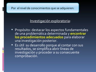 Investigación exploratoria :  Propósito: destacar los aspectos fundamentales de una problemática determinada y  encontrar los procedimientos adecuados  para elaborar una investigación posterior.  Es útil  su desarrollo porque al contar con sus resultados, se simplifica abrir líneas de investigación y proceder a su consecuente comprobación. Por  el nivel de conocimientos que se adquieren: 